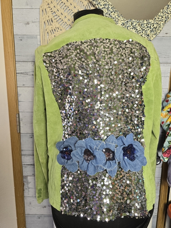 St. John's Bay Jackets & Blazers - Vtg Handmade Green Suede Embellished Sequin Denim Flower Detail Blazer Jacket